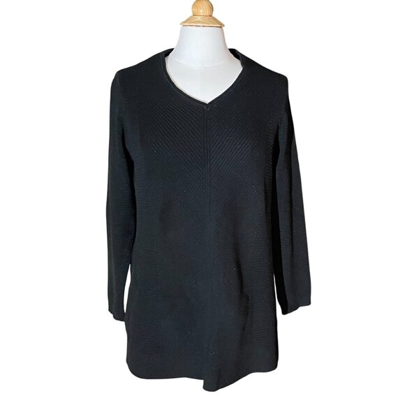 J. Jill Cotton Blend Black Oversized Textured Sweater V-Neck Long Sleeve Tunic - Picture 1 of 16